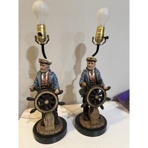 Vintage Nautical Captain Ship Wheel Table Lamps Pair Maritime Decor